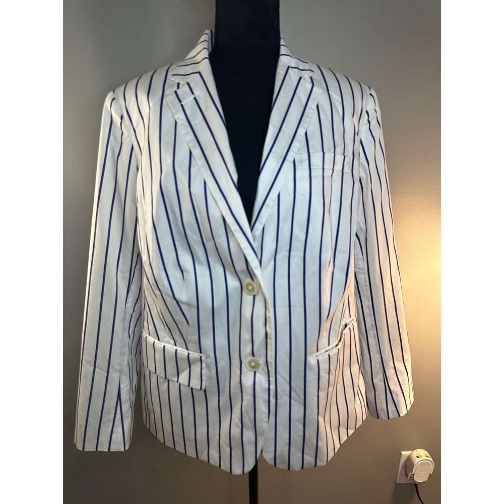 Lauren Ralph Lauren Women 14W White Navy Pinstripe Cotton Silk Blazer Jacket